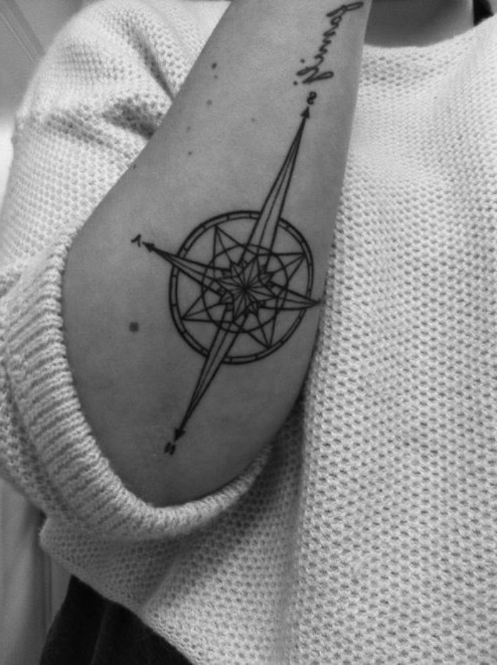 En stor svart tatuering med en svart kompass - kompasstatuering på handen av en kvinna