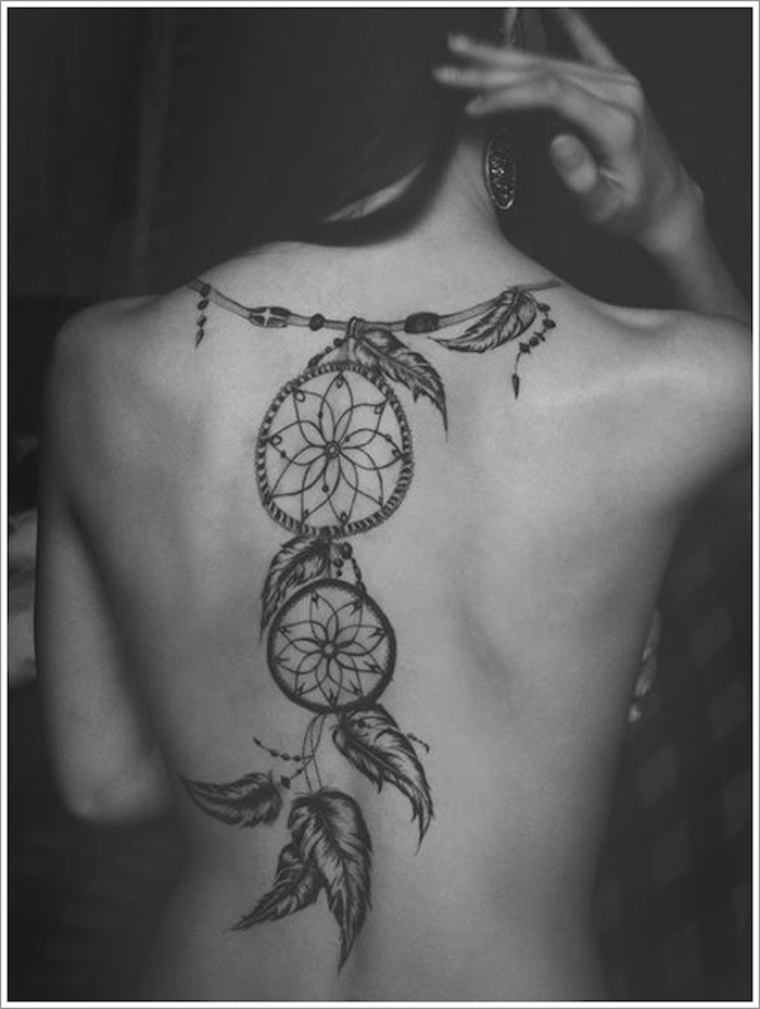 dai un'occhiata a questa idea per un tatuaggio nero sul collo di una donna: un acchiappasogni con piume nere
