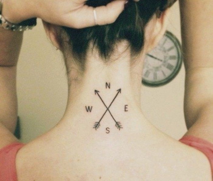 Det er en ide for en tatovering med et lite svart kompass på nakken