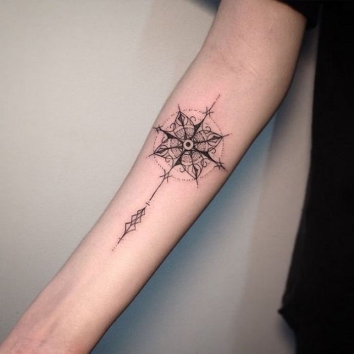 en svart saga kompass - idé för en tatuering på en hand