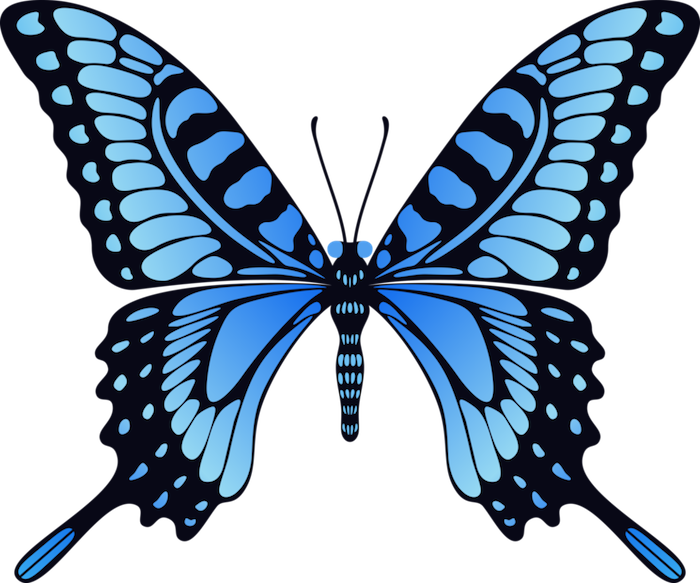 mėlynas ir tikrai gražus, pasakos drugelis su dideliais, ilgi sparneliais ir mėlynomis akimis - idėja tatuiruočių drugelis