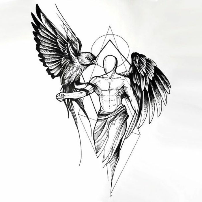 jeden z našich obľúbených nápadov na čierne anjelské krídlo tetovanie - tu je anjel s čiernymi anjelskými krídlami a vták s čiernym perom