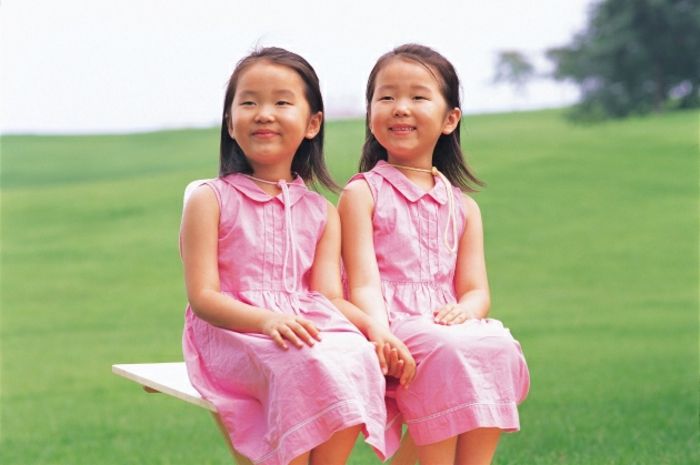 monozigóticos gêmeos-róseo-roupas-on-the-grass