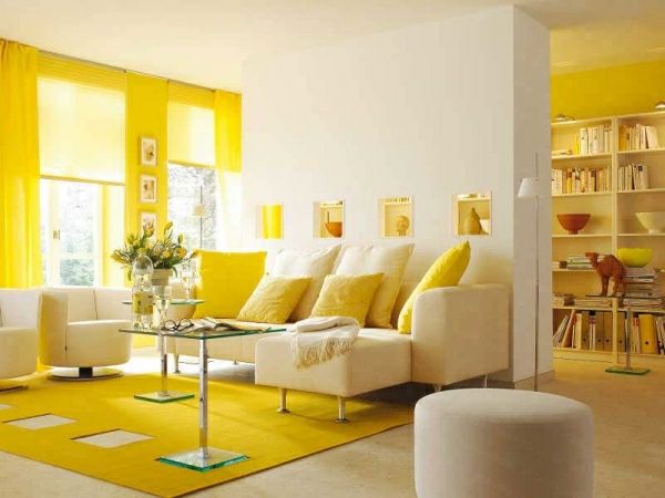 sukūrimas idėjų geltona gyvenamasis kambarys užuolaidos, kilimas, citrinų dizainas