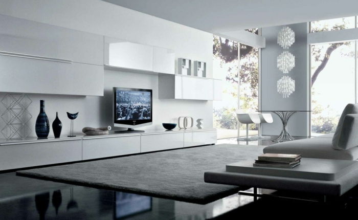 Elegantiškas ir modernus-set-Šviesus-svetainė-plueschteppich stiklo stalas ir baltos Moebel-minimalistinio-Moebel