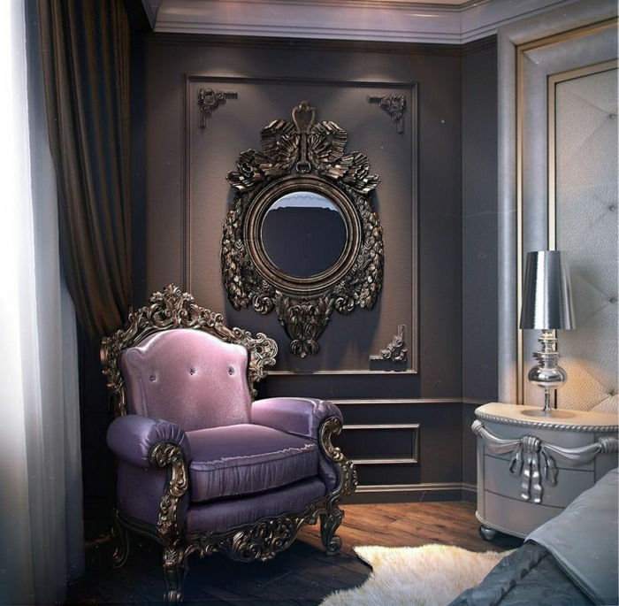 quarto elegante cadeira de estrutura metálica design roxo móveis de luxo barroco tabela cinzenta cabeceira