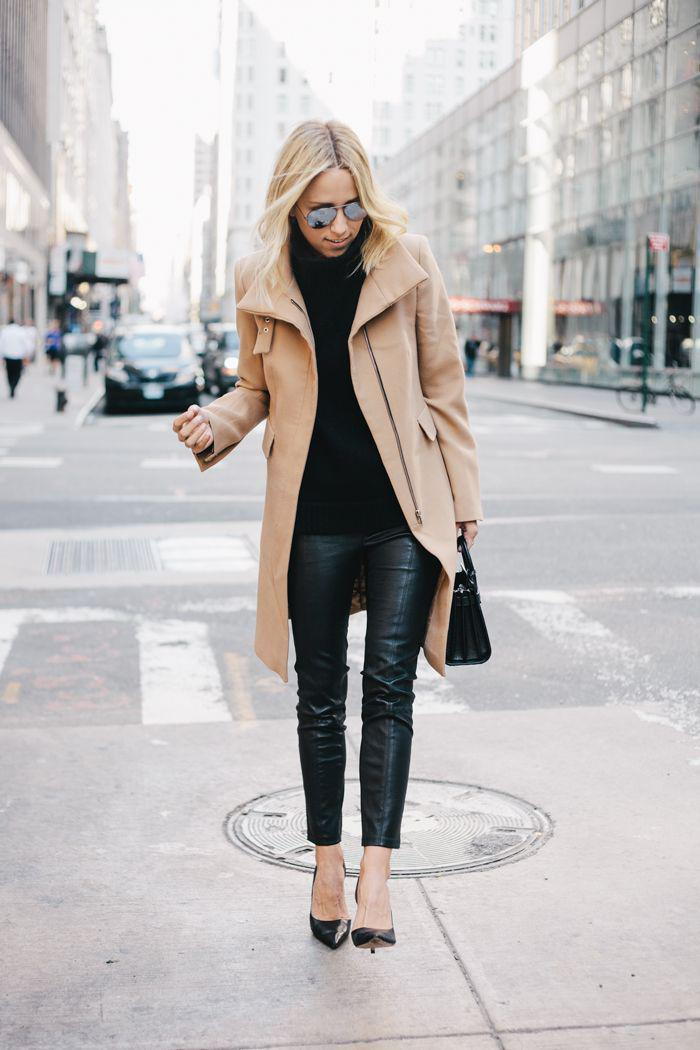 elegantno-zimske barve plašč dame plašč karamela usnjene hlače in črne čevlje-z-odstavek sončna očala