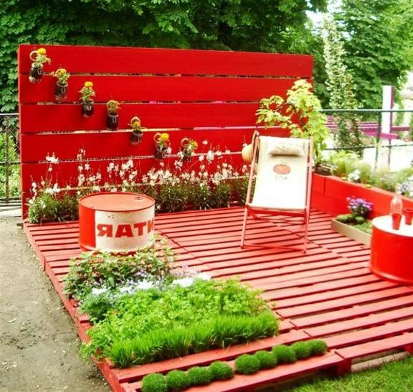 Euro pallet-scambio country-terrazza-giardino-dipinto di rosso