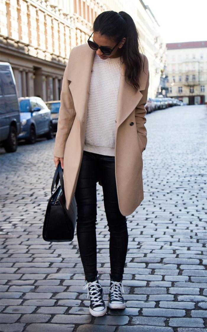 Nastran kombinacija črne hlače Ženske Coat karamel barve pulover