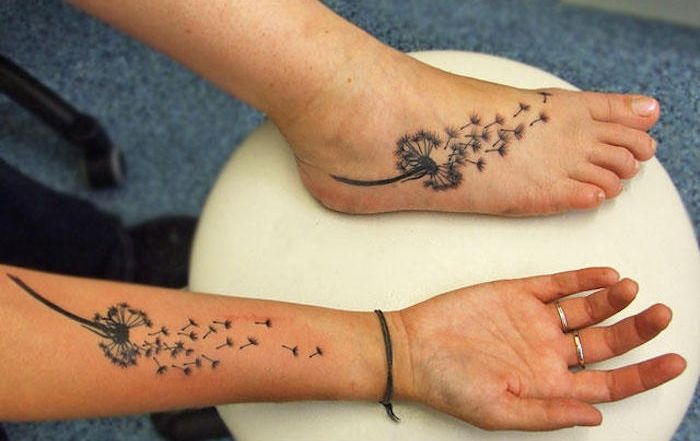 Familj tatuering, kvinnor med blommiga tatueringar i svart och grått