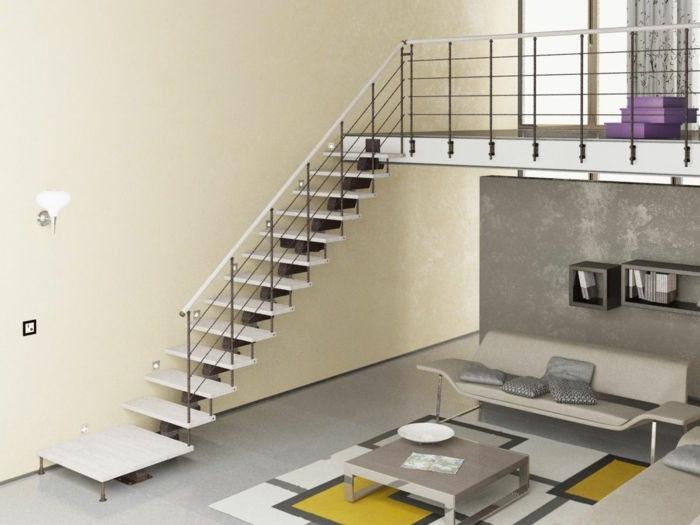 Merdiven boşluğunda sarı duvar kağıdı ile süsleyin, basit mobilya tasarımı