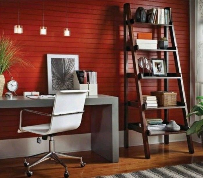 feng shui färg arbetande hörn röd-wire-trä trägolv-mönster mattan-vit-stol-grå-desk
