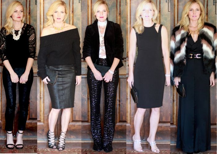 Šventa vakarinė drabužiai vienai ir toms pačioms moterims penkių drabužių idėjos, skirtos juodai motyvuoti