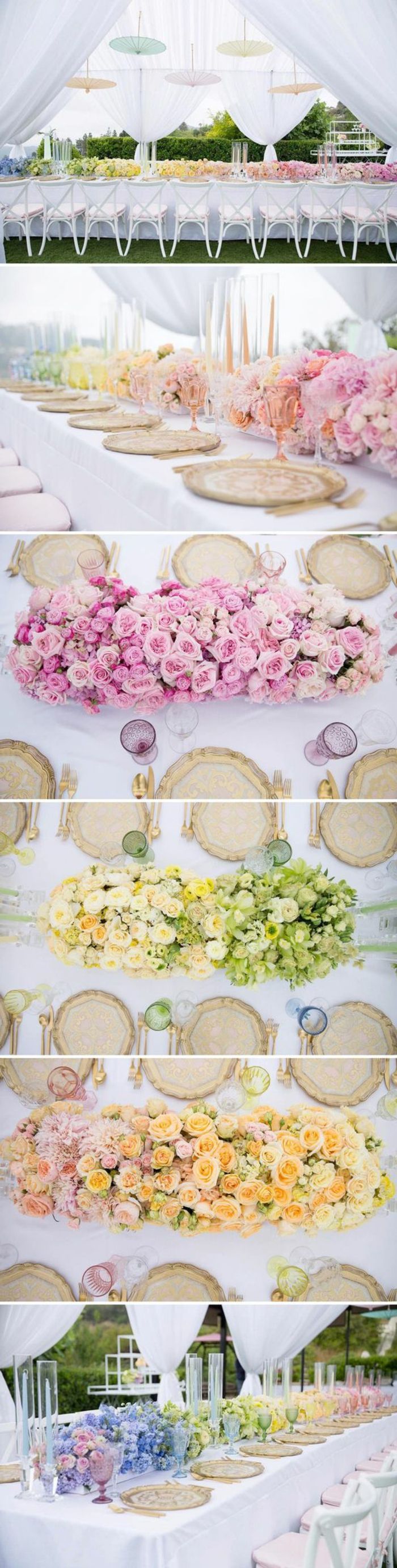 Dekorasyon, düğün dekorasyon, farklı renklerde çiçeklerle süslenmiş uzun masa