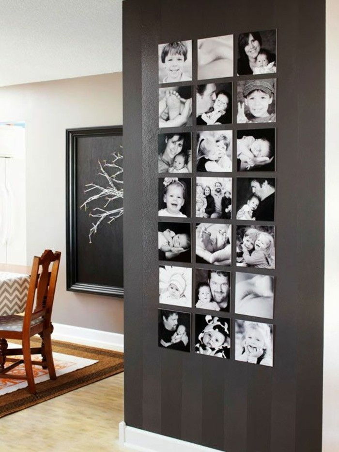 fotowand-idéer-grå-väggfamiljefoton-chair-table-Wanddeko