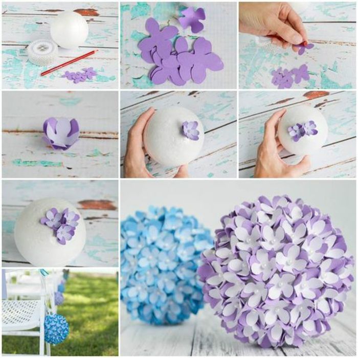 idee artigianali primavera, palla di polistirolo con fiori viola di carta