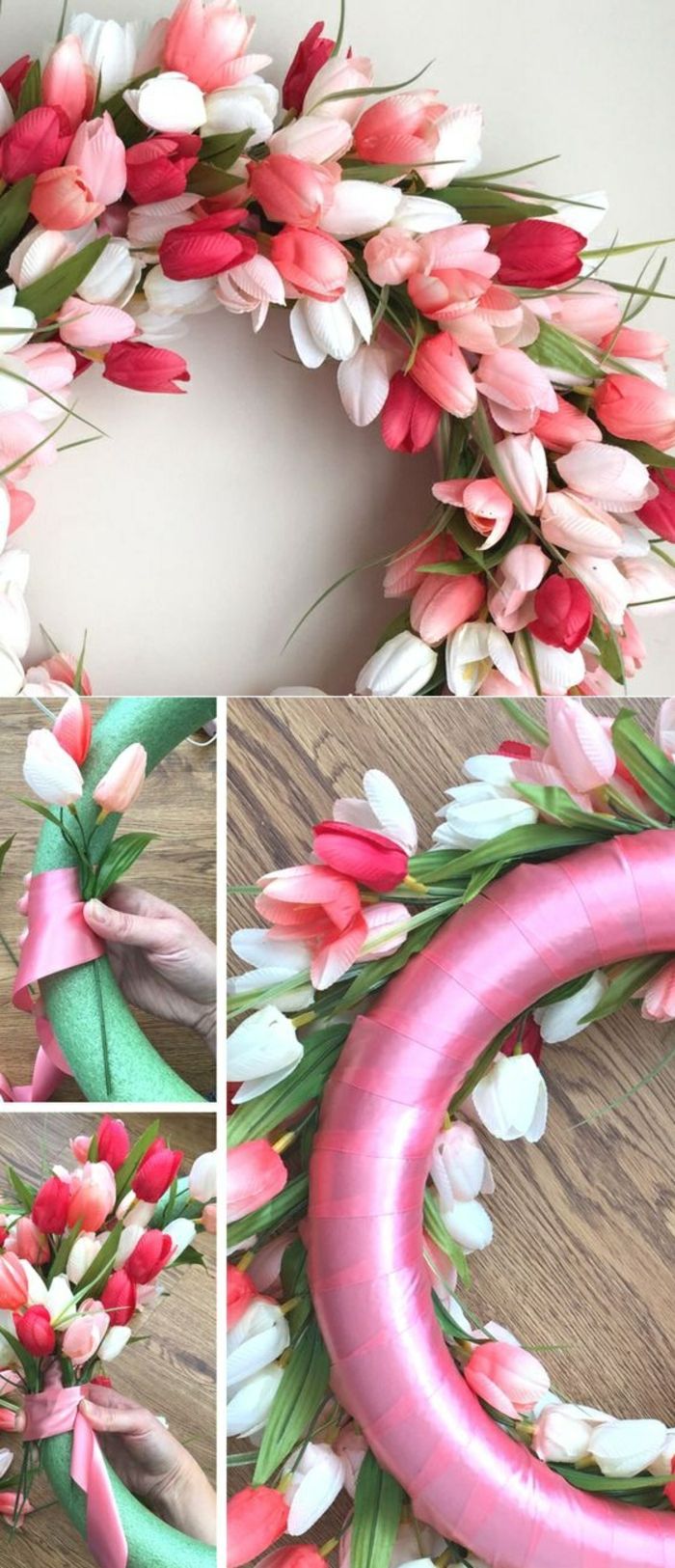 Decorare ghirlanda con tulipani, anello, fiocco rosa
