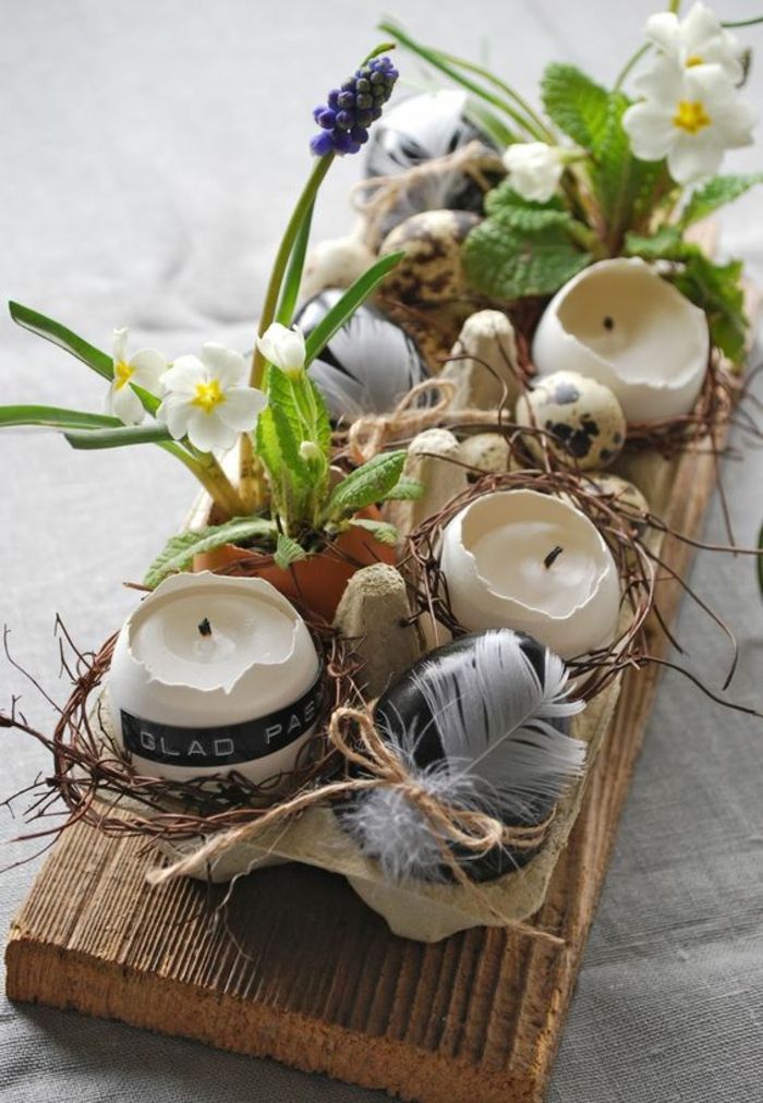 idee artigianali primavera, portacandele realizzati con gusci d'uovo, fiori, decorazione da tavola