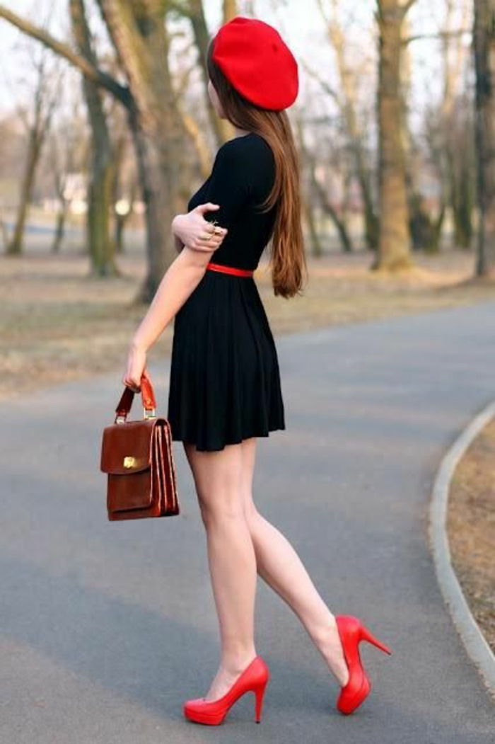 Francuski stylu black dress-czerwono-hat-czerwono-buty-chic z High Heel kieszonkowy klasycznego modelu Strait