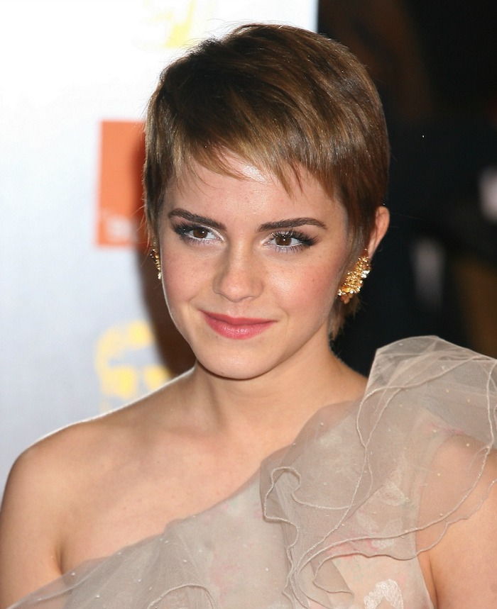 stijl kort haar - een voorbeeld van kapsel door Emma Watson met haar natuurlijke bruine kleur