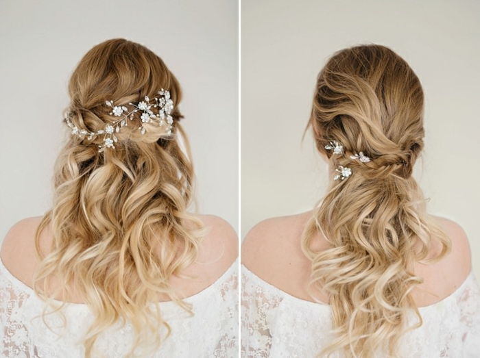 Två frisyrer för vågigt hår, silverhårtillbehör med små vita blommor, mörkt blont hår