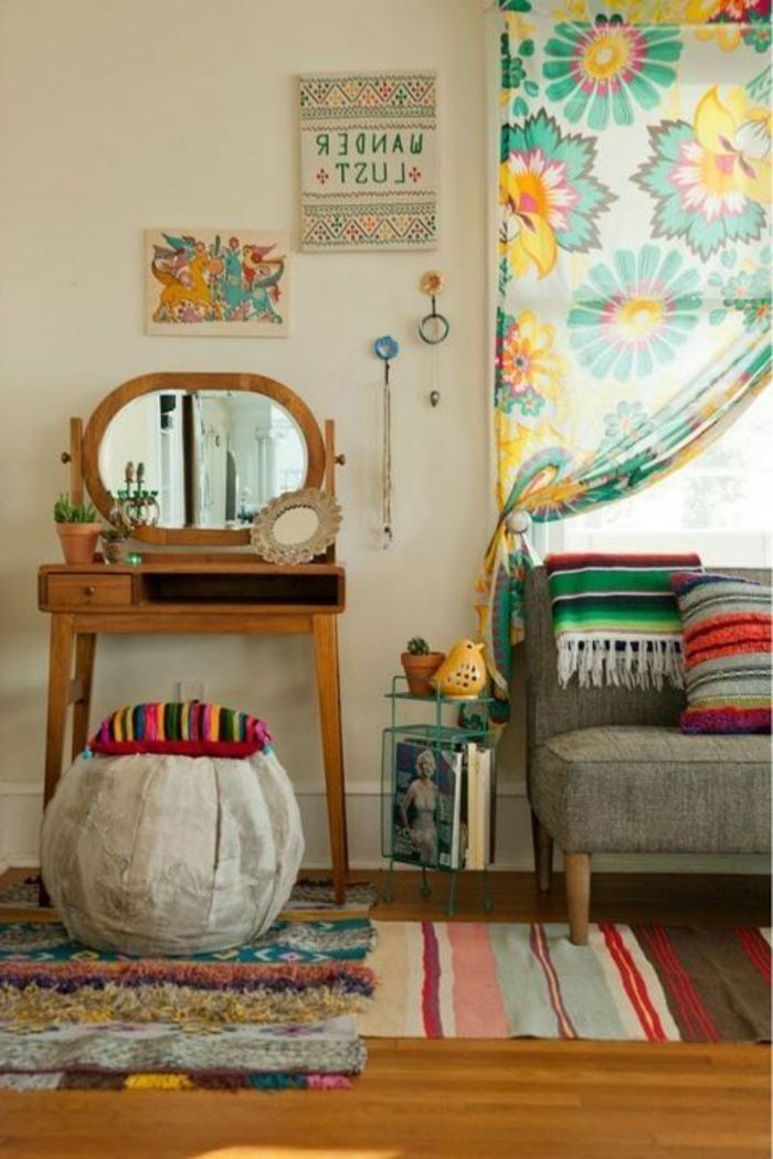 gardiner-för-living-boho-vintage stil Colorful blommönster