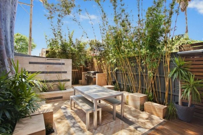 šiuolaikiškas sodo dizainas su šalies stiliaus terasos baldais, aukštas privatumas ir aukšti augalai