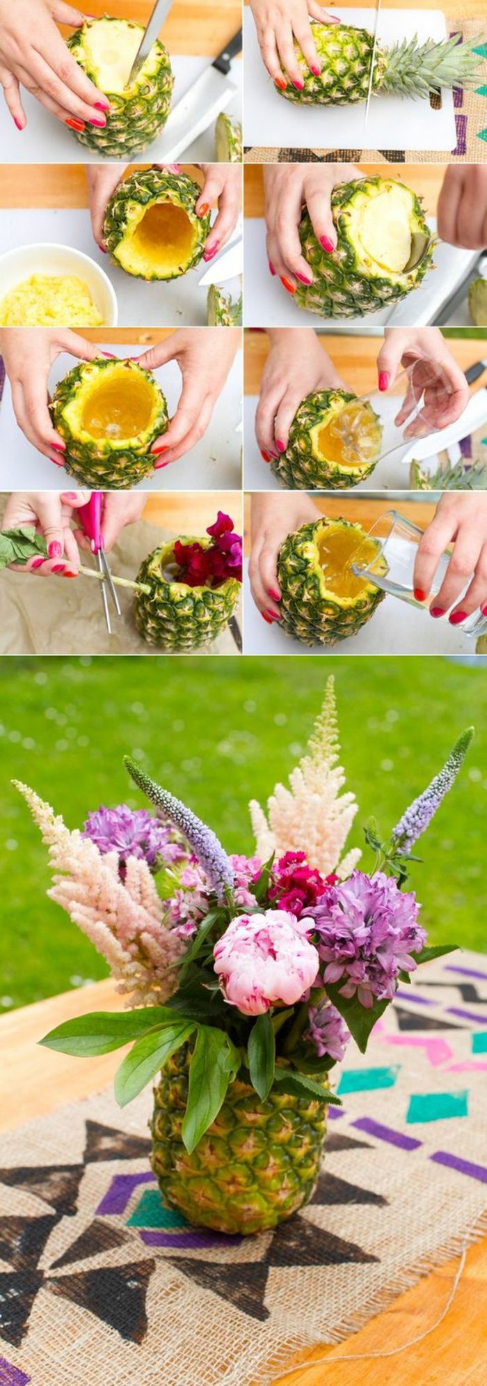 deko vasaros vakarėlis, vaza iš ananasų, gėlės