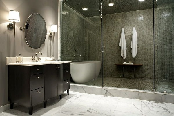 dlažba - sprcha v tme - luxusná kúpeľňa - zrkadlo s okrúhlym tvarom na stenu