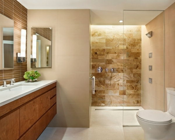 dlažba-sprcha-v-zaujímavé-kúpeľňa - drevené skrine