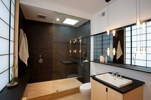 kachľová sprcha-v-modern-kúpeľňa - tmavo hnedá farba