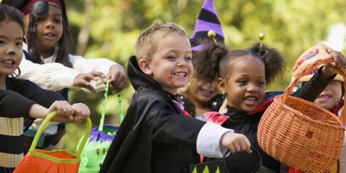 Crianças com trajes de Halloween, abelhas, piratas e mágicos, Trick or Treat, cestas para doces