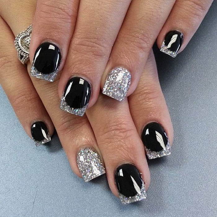 piękne paznokcie same w sobie tworzą czarny i srebrny klasyczny wzór paznokci na każdą okazję stylowych paznokci