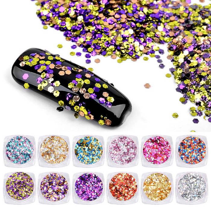 Galeria paznokci żelowych piękne wzory paznokci inspirują dekoracje z brokatem w różnych kolorach fioletowy złoty kolorowy ornament lśniący do manicure
