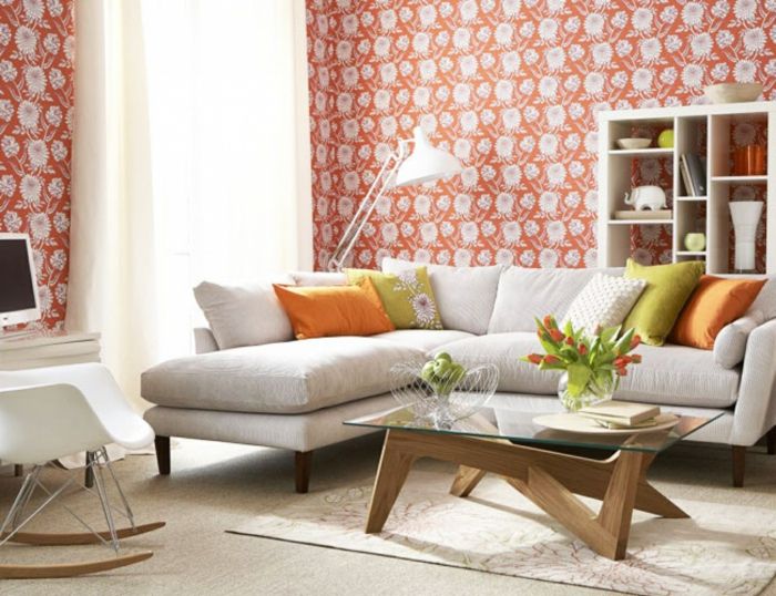 confortabil cameră vintage-tapet-portocaliu de viață și de culoare alb cu motive florale-