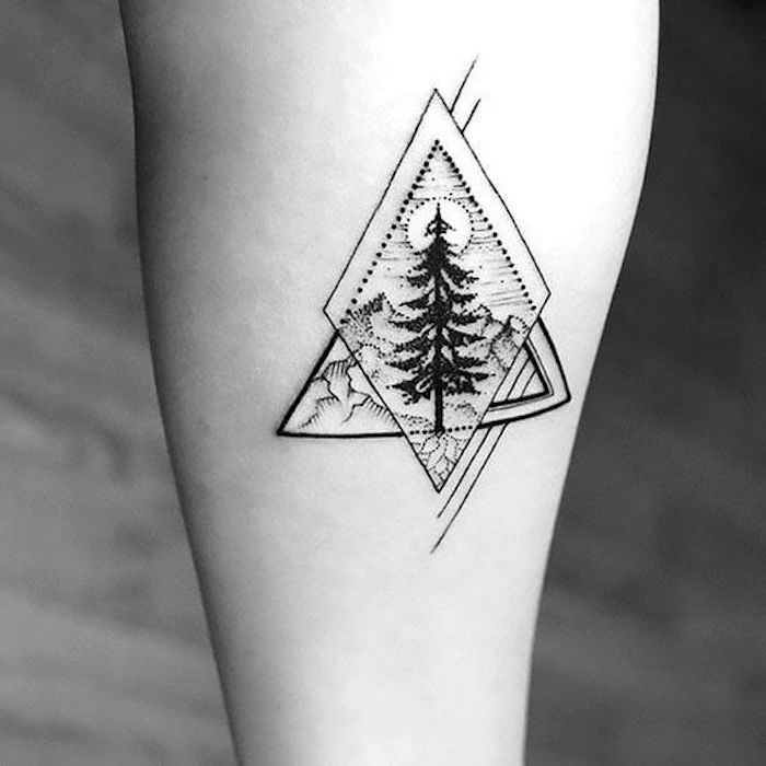 Motivos de tatuagem, floresta e montanhas, conífera, pirâmide, losango