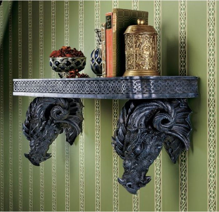 Kovinska stenska polica v gotskem slogu, dve zmaji, gravura, knjige, dekorativna kovinska skleda