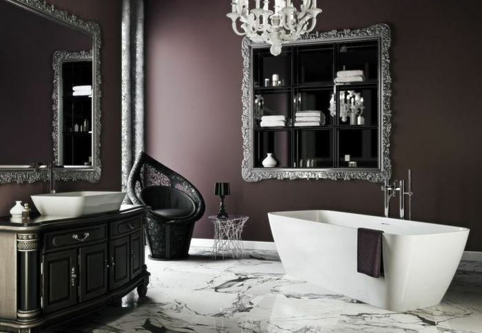 Gotsko kopalniško pohištvo v črno-belo, osel črnega morja, bela kad, veliko ogledalo