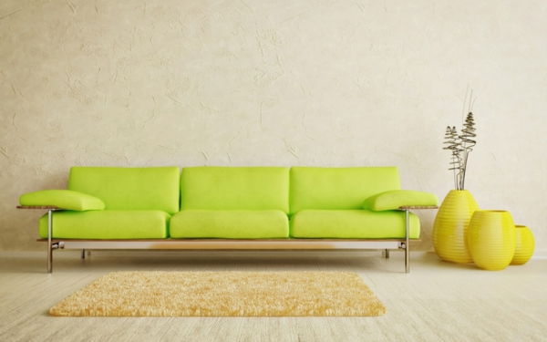 žalia sofa-geltona kiliminė danga kambaryje