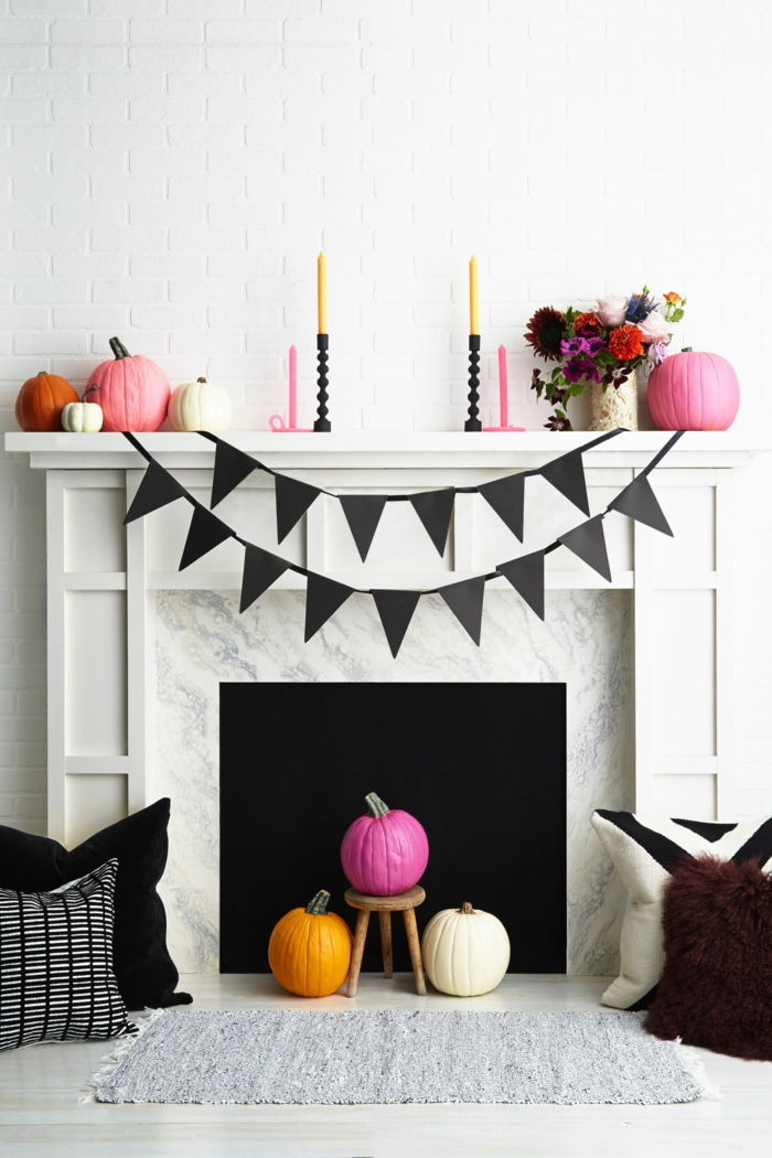 Decoração de Halloween para a sala de estar, abóboras coloridas, flores de outono, girlanede preto