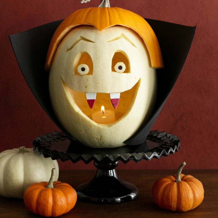 Esculpir e decorar abóbora, cara de Drácula, idéias DIY para crianças e adultos, grande decoração de Halloween