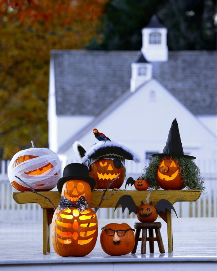 Escultura e decoração de abóboras, múmia, boneco de neve, pirata, bruxa e morcegos, decoração legal de halloween