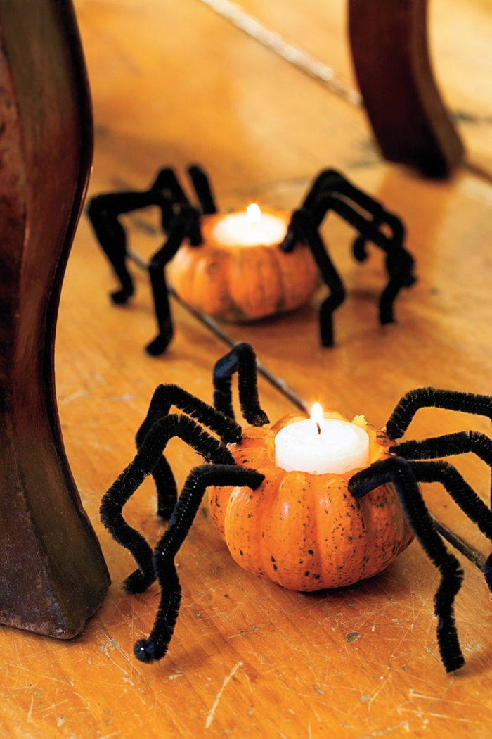 Faça aranhas de abóboras e coloque velas nelas, idéias DIY para crianças e adultos, decoração de Halloween
