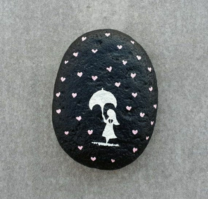 rankomis dažyti akmens juoda-pagrindas-balta piešimo mergaitė Skėčių lietaus širdį