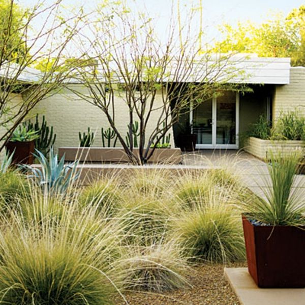 casa branca com design de jardim com pedras e plantas