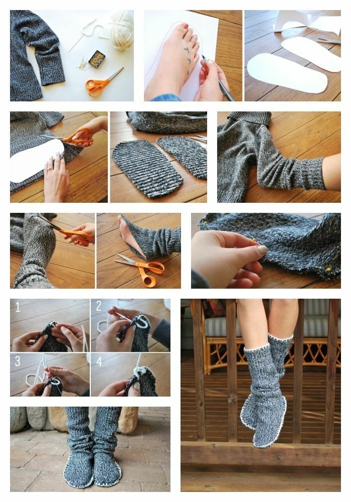 Šité rukávy starých šedých sveterov papuče krok za krokom