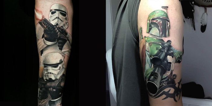 Dve ruky s tetovaním hviezdnych vojen so zeleným robotom a dvoma veľkými bielymi klonmi