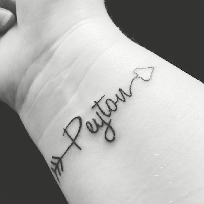 aceasta este o idee pentru un tatuaj negru pe încheietura mâinii - un tatuaj cu o săgeată și o inimă