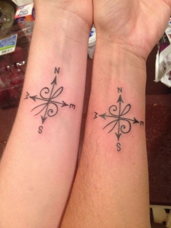 Här är två händer med två små eleganta svarta tatueringar med två kompasser på handleden