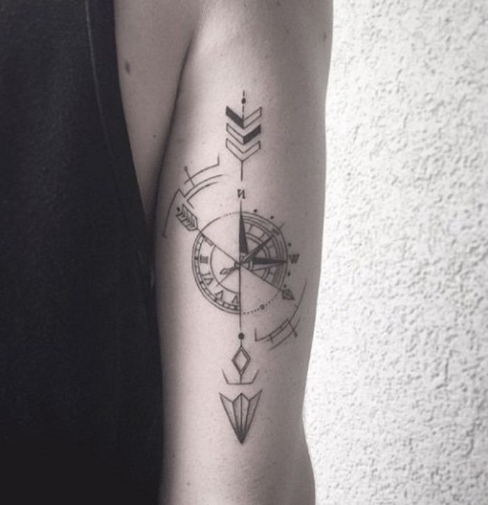 En hand med en svart tatuering med en svart steampunkkompass med en lång pil